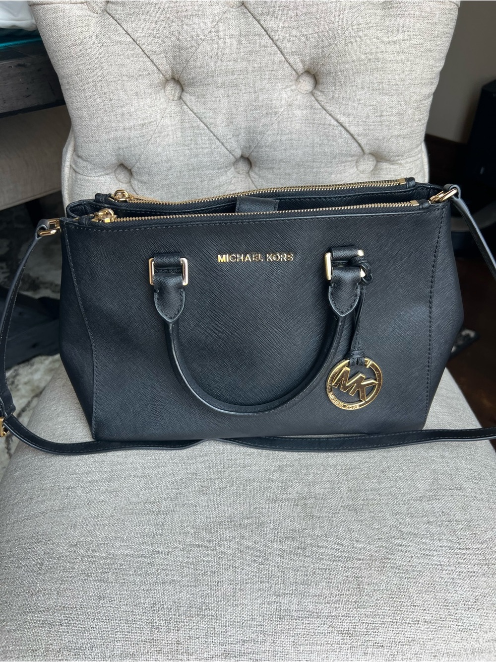 Michael Kors Black Saffiano Satchel with Gold Hardware